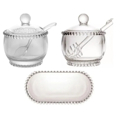 CONJUNTO 3 PEÇAS PEARL - MELEIRA, AÇUCAREIRO E BANDEJA