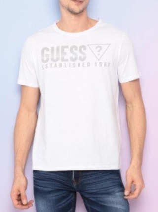 Camiseta Com Inscrições. - Branca & Cinza. - Guess MBFRTSKP503