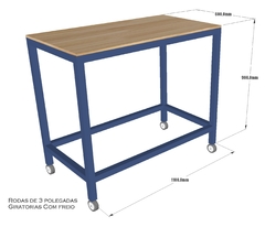 Mesa bancada industrial 110 x 60 x 90cm azul e pinus com rodas