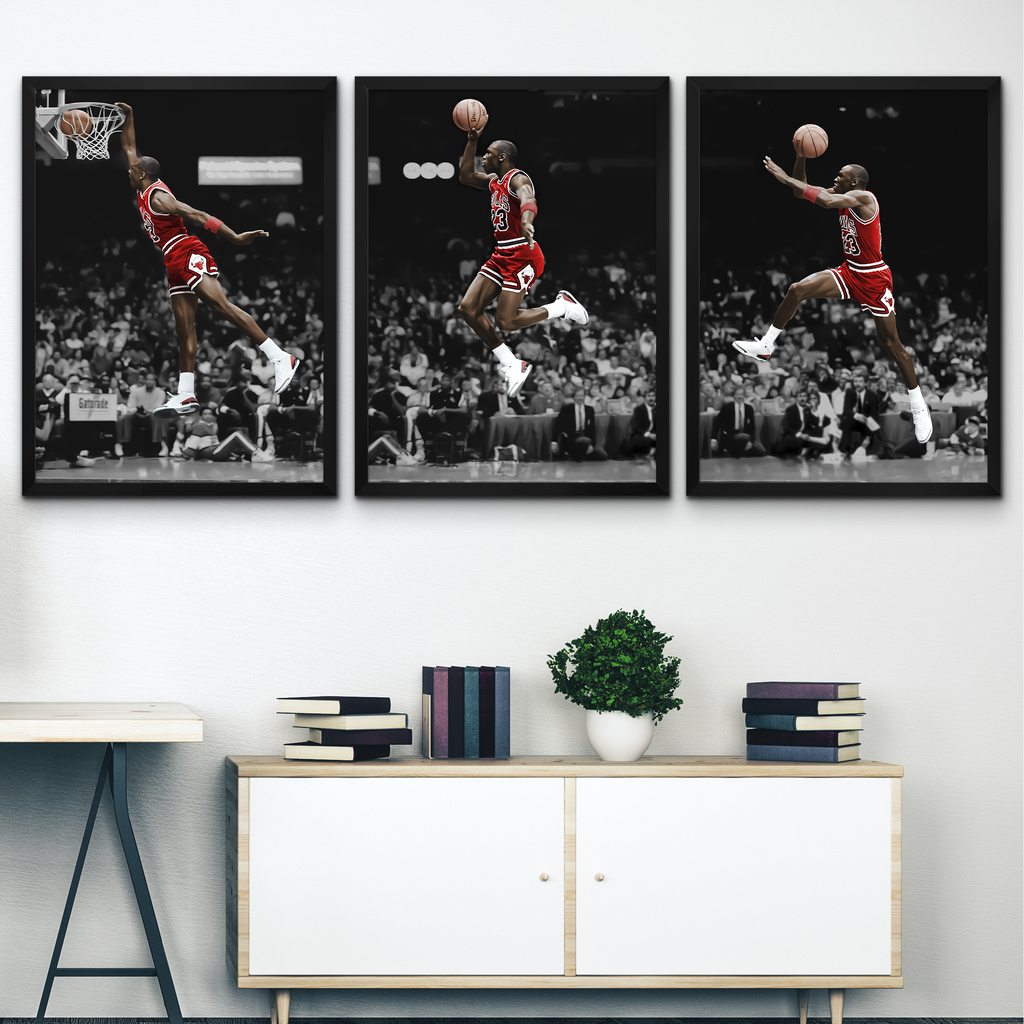 Conjunto 3 Quadros Decorativos Michael Jordan Ilustração Enterrada