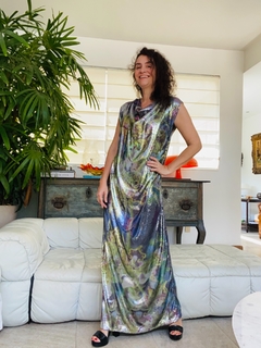 Vestido Kaftan Longo Paetê Orquídeas