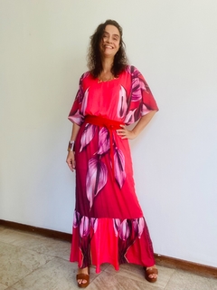 Vestido Morcego Babado Longo Crepe Antúrio Vermelho - comprar online