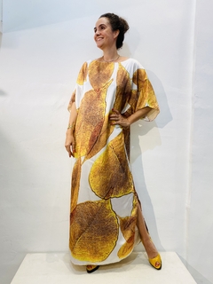 Vestido T Longo Cetim Folhas Douradas - comprar online