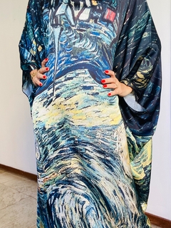 Vestido Maxi Longo Cetim Van Gogh Azul on internet