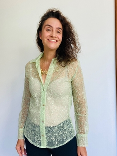 Camisa Social Renda Floral Pistache - ALESSA