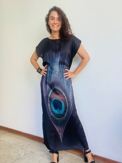 Image of Vestido Kaftan Longo Cetim Pavão Preto