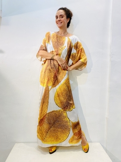Vestido T Longo Cetim Folhas Douradas - online store