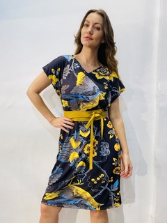 Vestido Kafftan Curto Jersey Passaro Azul - online store