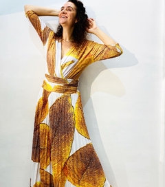 Vestido Sereia Saia Longa Plissado Jersey Crepe Folhas Douradas no - loja online