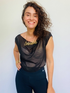 Camiseta Cropped Chiffon Preto com Dourado