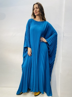 Vestido Plissado Longo Crepe Azul Piscina - comprar online