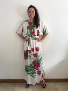 Vestido Longo Morcego Cetim Tulipa Vermelha