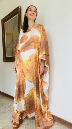 Vestido Maxi Longo Cetim Folhas Douradas - ALESSA