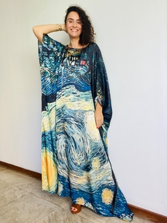 Vestido Maxi Longo Cetim Van Gogh Azul