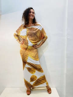Vestido Longo Decote V Costas Jersey Folha Dourada on internet