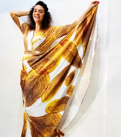 Vestido Sereia Saia Longa Plissado Jersey Crepe Folhas Douradas no - comprar online