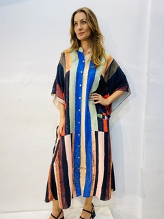 Vestido Maxi Longo Bolso Botão Crepe Klee Listras - buy online