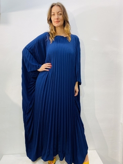 Image of Vestido Plissado Longo Crepe Azul Marinho