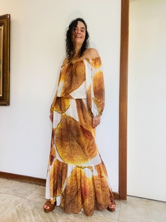 Vestido Bufante Longo Chiffon Folhas Douradas - comprar online