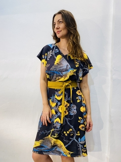 Image of Vestido Kafftan Curto Jersey Passaro Azul