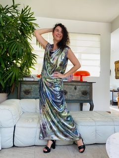 Image of Vestido Kaftan Longo Paetê Orquídeas