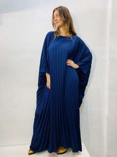 Vestido Plissado Longo Crepe Azul Marinho on internet