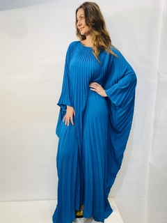 Image of Vestido Plissado Longo Crepe Azul Piscina