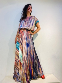 Vestido Kaftan Saia Plissado Longo Crepe Munch