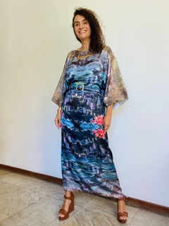 Vestido Maxi Longo Cetim Monet Azul - loja online