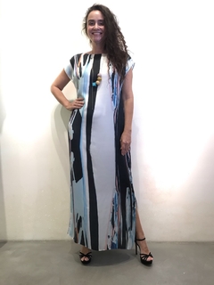 Vestido Kaftan Longo Cetim Ganesha Azul