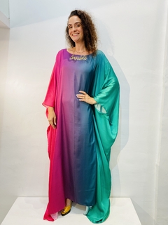 Vestido Maxi Longo Cetim Verde e Rosa