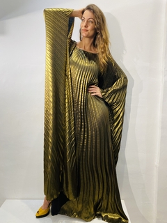 Vestido Plissado Longo Cetim Dourado