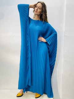 Vestido Plissado Longo Crepe Azul Piscina on internet