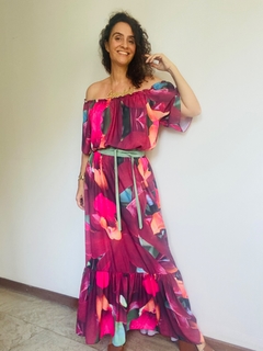 Vestido Cigana Longo Babado Crepe Orquídea Vermelho