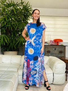 Vestido Kaftan Longo Cetim Paul Klee Azul