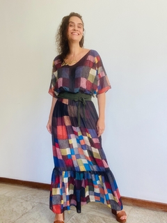 Vestido Morcego Bab Longo Crepe Paul Klee Colorido - loja online