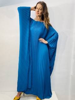 Vestido Plissado Longo Crepe Azul Piscina - comprar online