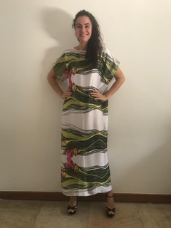 Vestido Amplo Cetim Folhagem