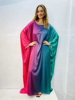 Vestido Maxi Cetim Degradê Verde e Rosa - ALESSA