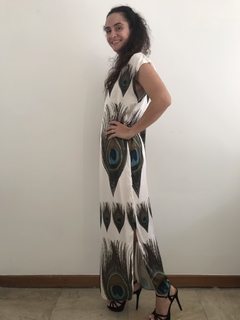 Vestido Longo Kaftan Cetim de Seda Pavões  na internet