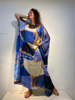 Image of Vestido Maxi Longo Cetim Blue Squares