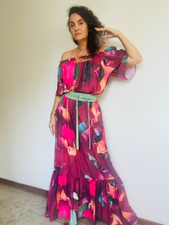 Image of Vestido Cigana Longo Babado Crepe Orquídea Vermelh