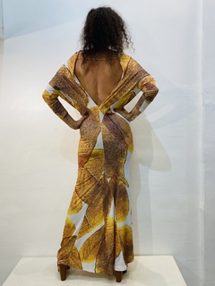 Image of Vestido Longo Decote V Costas Jersey Folha Dourada