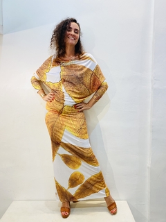 Vestido Longo Decote V Costas Jersey Folha Dourada - ALESSA