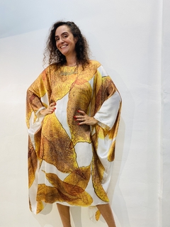 Vestido Plissado Curto Crepe Folhas Douradas - loja online