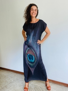 Vestido Kaftan Longo Cetim Pavão Preto