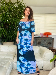 Image of Vestido Cigana Longo Crepe Rosa Azul