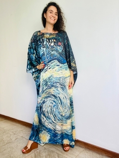 Vestido Maxi Longo Cetim Van Gogh Azul - ALESSA