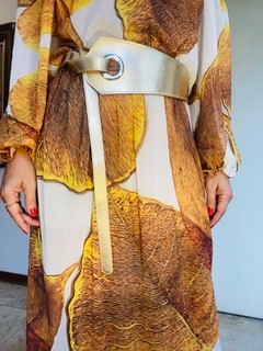 Vestido Bufante Longo Chiffon Folhas Douradas - ALESSA