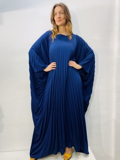Vestido Plissado Longo Crepe Azul Marinho - ALESSA